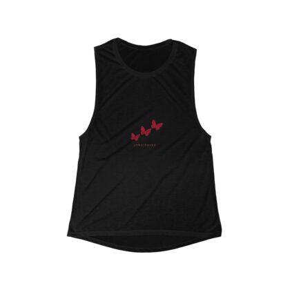 Women's Flowy Scoop Muscle Tank Front has 3 butterflies with "UNBOTHERED" beneath them